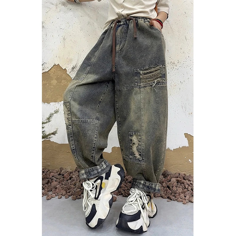 Masss Wasss European Womens Punk Denim Harem Trousers Classic Holes Loose Vintage Pants Leisure Streetwear Elastic Waist Jeans