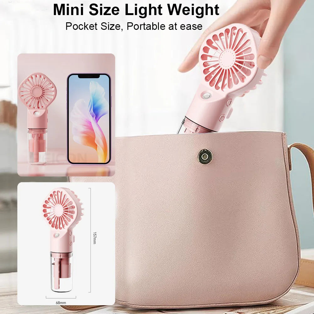 Portable Water Mist Fan Mini Handheld Spray Fan USB Rechargeable Humidifier Fan 4 Speeds Powerful Wind Outdoor Personal Hand Fan