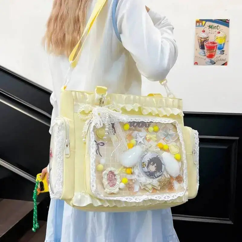 Y2k New Sweet Ita Shoulder Bag Lolita Girl Transparent Crossbody Bag Women Large Capacity Lace Tote Bag Cute DIY Display Handbag