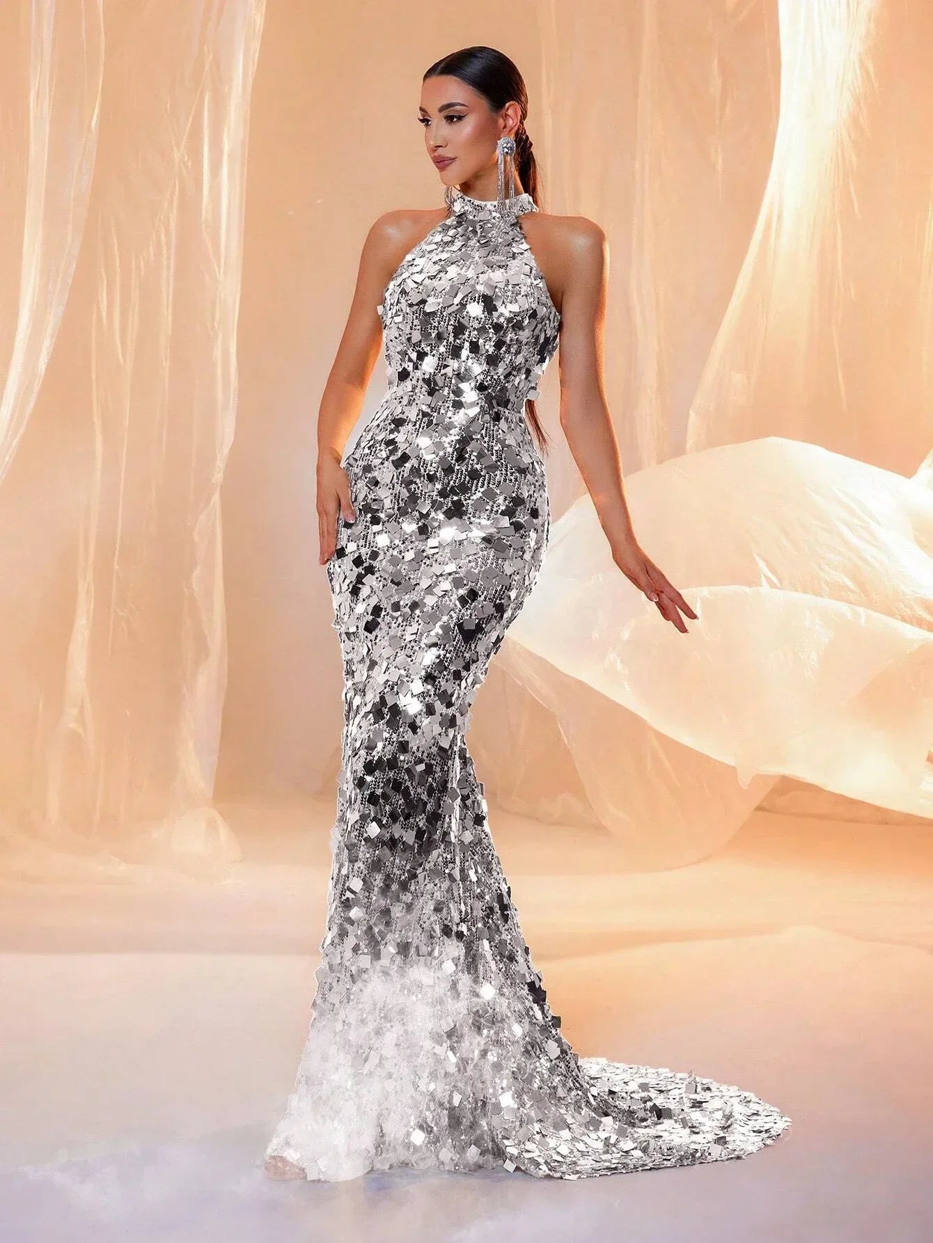 LOVE&LEMONADE Backless Sequins Halter Neck Evening Elegant Formal Prom Gown Wedding Guest Dinner Maxi Dress for Women LM86444