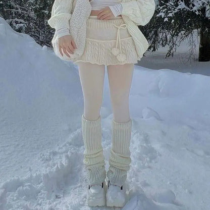Women's Knitted Mini Skirt with Pom Pom Cable-knit Sweater Skirts Miniskirt Y2K Soft Girl Christmas Outfit