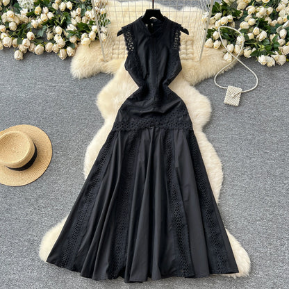 Elegant Women's Sleeveless midi dress Slim 2025 Summer Sky blue Lace patchwork dresses Luxury Black White Vestidos INKEO 5D069