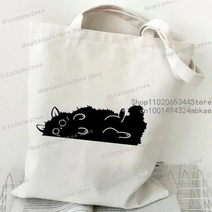 Kawaii Black Cat Graphic Handbags for Women Japanese Style Canvas Tote Bag Cartoon Fashion Shoulder Bag for Women Kitten Bag