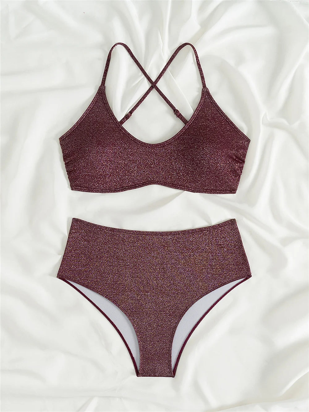 Shiny Bikini Claret Sling Swimsuit Bandage Backless High Waist Swimwear Punk Push Up Beach Outfit Women Bathing Suit Bikinis Set