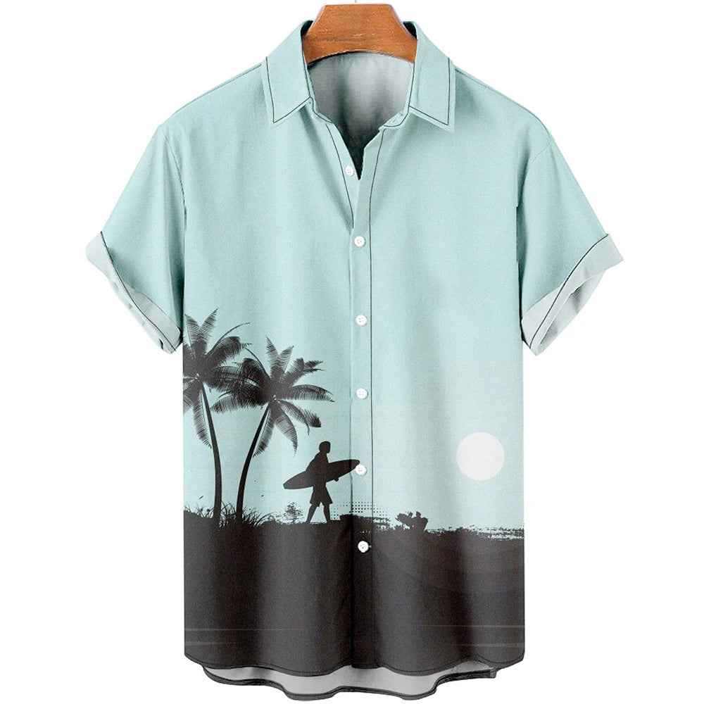 Hawaiian Shirt Men Summer 3d Coconut Tree Printed Holiday Short Sleeve Tops Tee Oversized Blouse Casual Dress