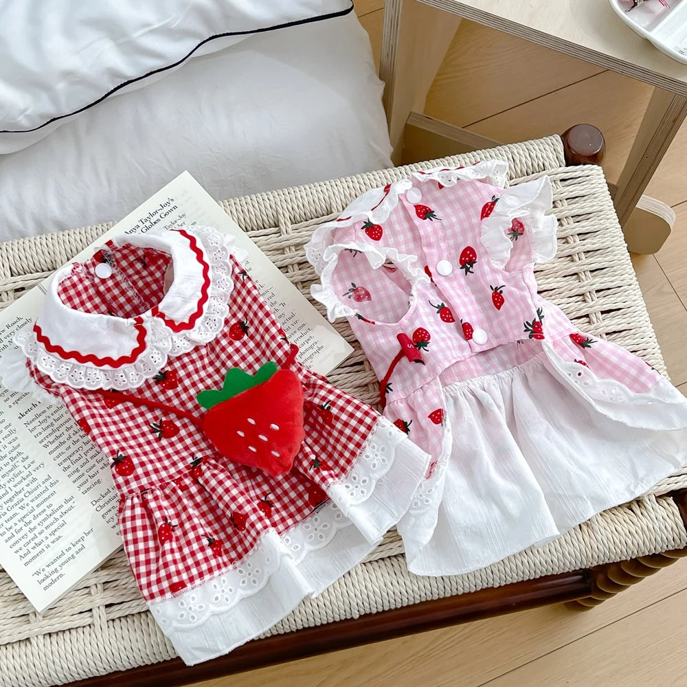 2025 New Puppy Clothes Dog Dress Plaid Maid Pet Costumes Red Pink Cat Strap Girl Female Pet Skirt Lace Summer Spring Puppy Wear