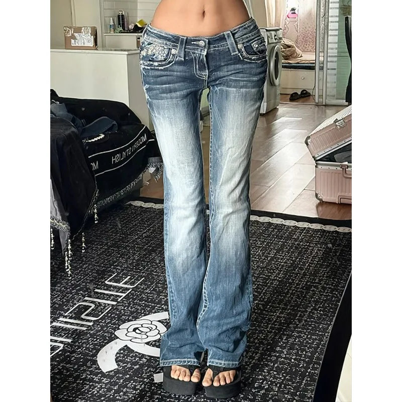 Women Slim Fit Personalized Cross Embroidered Jeans American Style Y2k Millennial Spicy Girl Low Waist Design Floor Length Pants