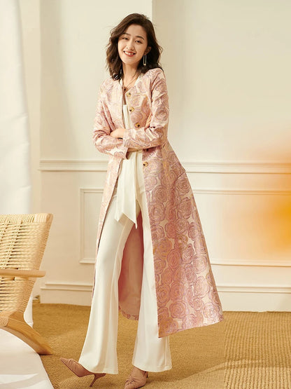 Luxury Women Long Trench Jacquard Coat Button Front Overcoat Fall Winter Floral Elegant Jackets Outerwear Party Outfit Clothes