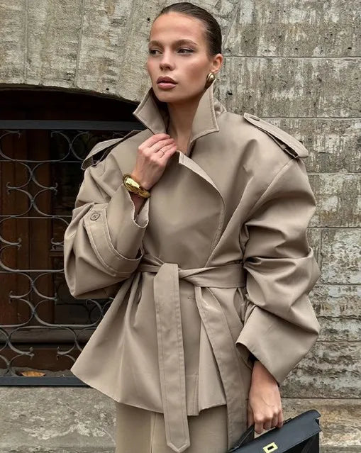 Women Casual Stand Collar Belted Trench Coat Chic Contrast Cuff Single Breasted Loose Windbreaker 2026 Lady Commute Street Coats