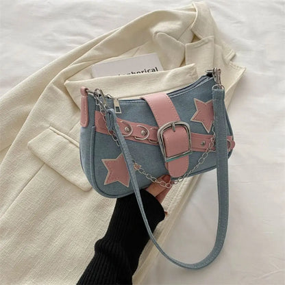 Y2k Fashion Women's Handbags Stars Pattern Cool Girls Underarm Bag Fashion Female Small Shoulder Bags Chain Tote Purses