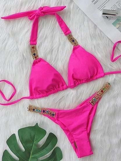 Halter Crystal Rhinestone Diamond Bikini 2025 Female Swimsuit Women Swimwear Two Pieces Bikini set Brazilian Bathing Suit Swim