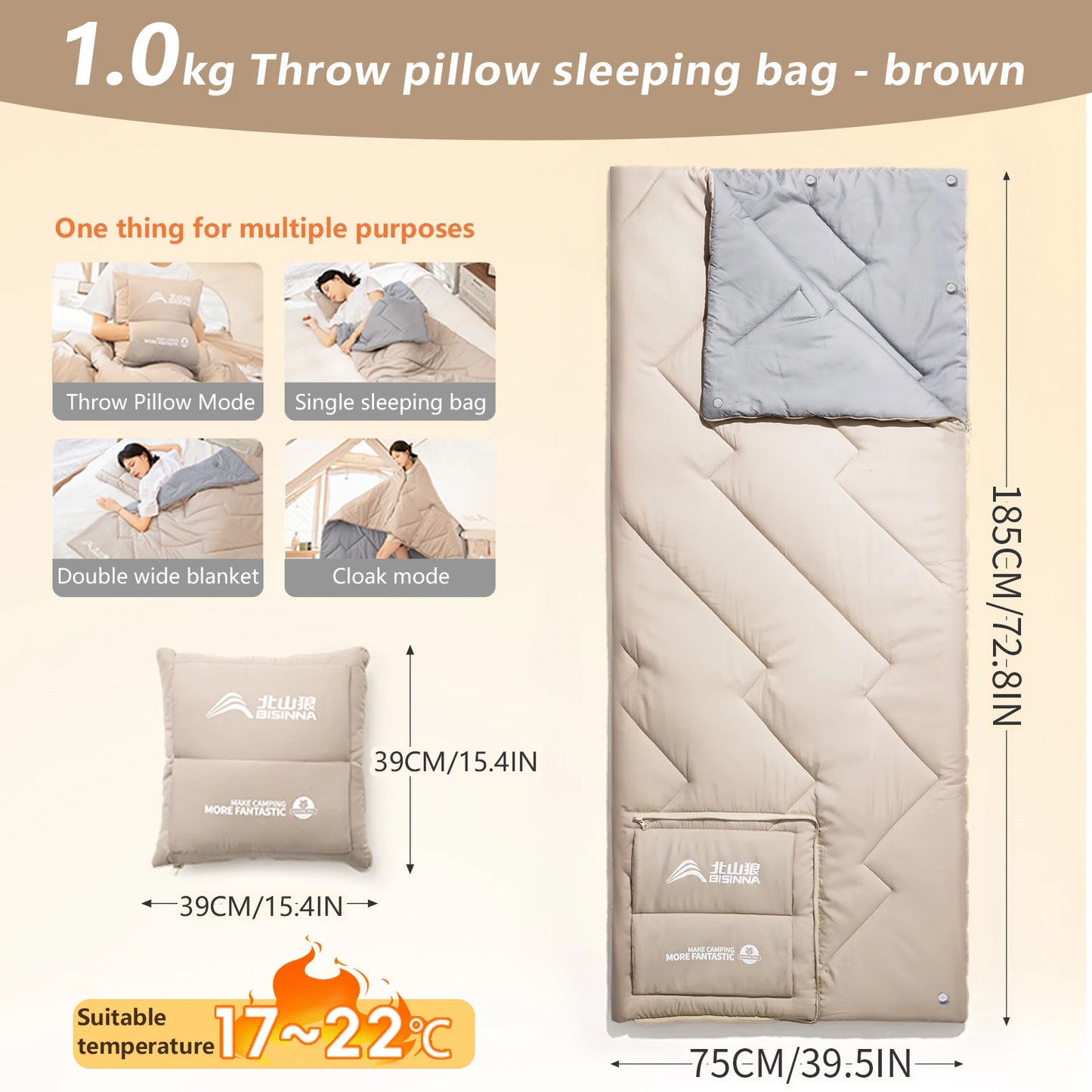 BISINNA Camping Sleeping Bag Portable Pillow Blanket Quilt for Outdoor Traveling Pinic Hiking