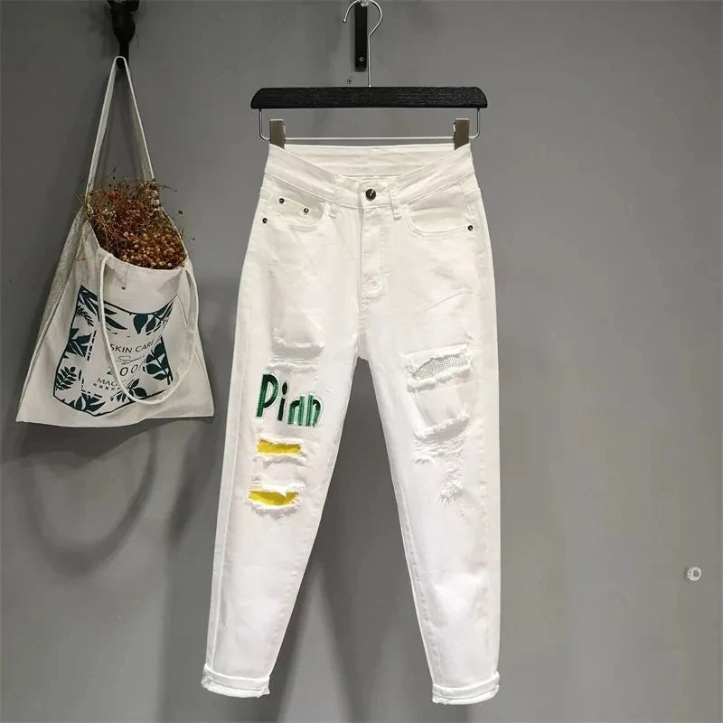 White Jeans 2023 New Women's Embroidery Wild Jeans Spring Summer Fashion Hole Ladies Denim Pants Casual Ankle-Length Jean Pants