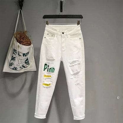 White Jeans 2023 New Women's Embroidery Wild Jeans Spring Summer Fashion Hole Ladies Denim Pants Casual Ankle-Length Jean Pants