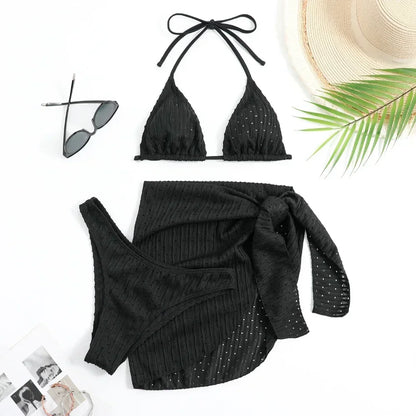 2025 Trendy Women's 3 Piece Halter Bikini Set Sexy Thong Swimsuit Summer Bathing Suit Cover Up Thong Swimwear Biquini Brasileiro