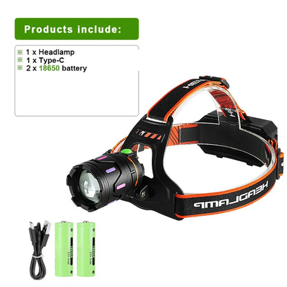 2025 Powerful LED Headlamp Rechargeable Telescopic Zoomable Headlight Outdoor Waterproof Work Head Lamp High Lumen Head Torch