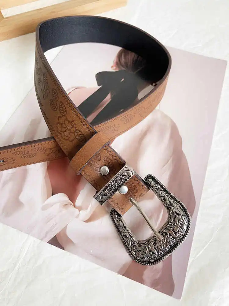 Y2K subculture retro engraved waist belt women's rose pattern brown pants beltmei niche design sense leather belt