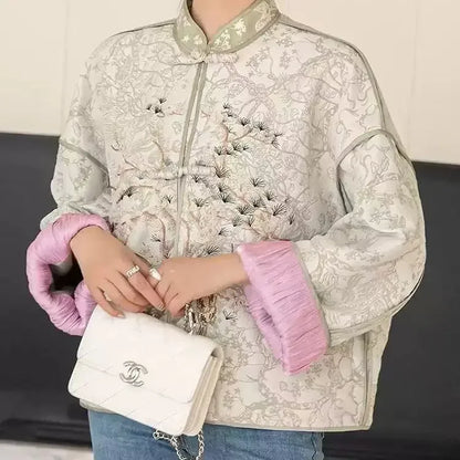 High Quality Jacquard Embroidery Short Jacket Women Loose Vintage Korean Long Sleeve Tangsuit Cheongsam Coats Chinese Style Tops