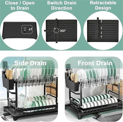 2-Tier Dishs Drying Rack - Rustproof Multifunctional Dish Racks with Drainboard, Space-Saving Design, Utensil & Cup Holder