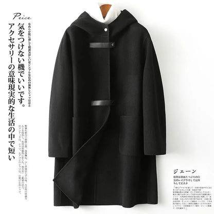 New Fashion Hooded Double-sided POLYESTER Coat Women Autumn Winter Double-sided Woolen Windbreakers Temperament Slim Wool Coats
