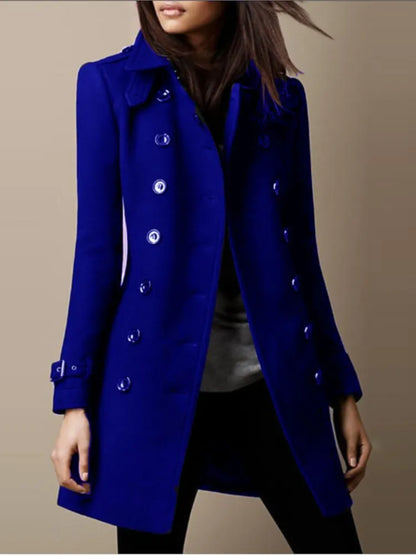 Winter Ladies Woolen Jackets Double Breasted Flap Lapel Lined Top Coat Solid Slim Elegant Womens Outerwear 2024