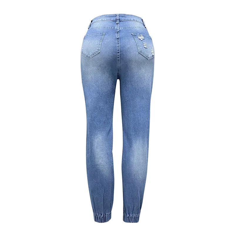 Women Trend Letter Print Pencil Jeans Stretch Drawstring Trousers Slim Denim Pants Female Fashion Casual Broken Holes Streetwear