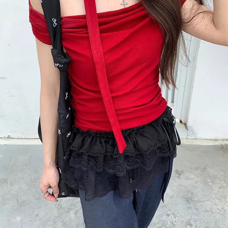 New Trendy Women Y2K Korean Lace Mini Layered Skirt Streetwear Lace Up Ruffles Summer Harajuku High Waist Pleated Skirts Clothes