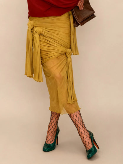 VGH Sexy Yellow Color Bodycon Midi Length Skirts for Women High Waist Spliced Bandage Folds See Through Skirt Female Autumn New