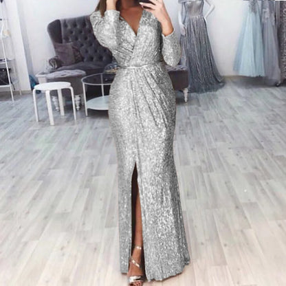 Women's Sequin High Slit Party Dresses Ruched Evening Glitter Dress Deep V Neck Long Sleeve Vestidos 2025 Autumn Female New Robe