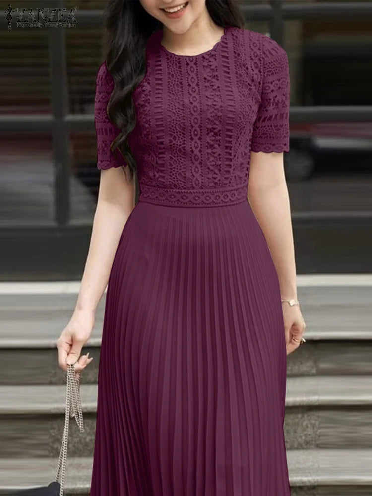 ZANZEA 2025 Summer Sundress Women Elegant Lace Patchwork Desses Stylish Short Sleeve Pleated Work Vestidos Fashion Party Dress