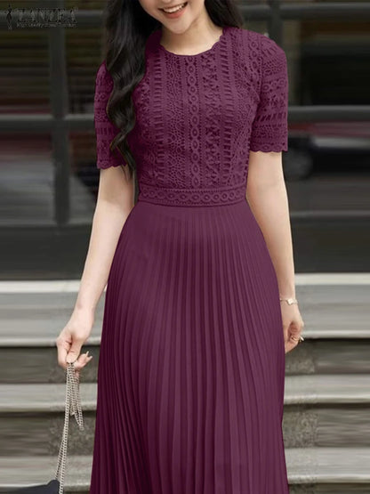 ZANZEA 2025 Summer Sundress Women Elegant Lace Patchwork Desses Stylish Short Sleeve Pleated Work Vestidos Fashion Party Dress