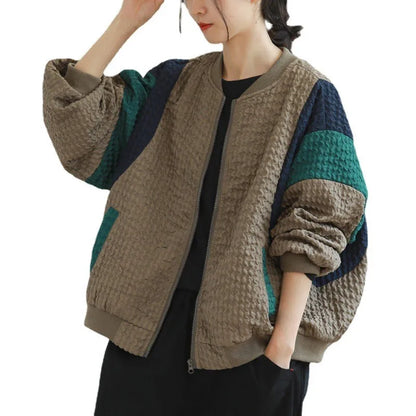 Johnature 2025 Autumn And Winter Woman New Fashion Loose Zipper O-Neck Jacket Splicing Long Sleeves Contrast Casual Jacket