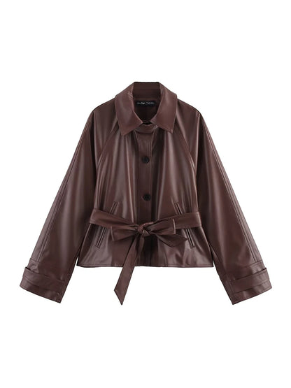 KONDALA Women Stylish Imitation Leather Short Trench Coat With Belt 2025 New Spring Fall Fashion Commuter High Street Jacket