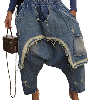 Jeans Women Harem Pants Hole Elastic Waist Tassels Washed Distressed Pockets Streetwear 2025 Ripped Ankle Length Trousers