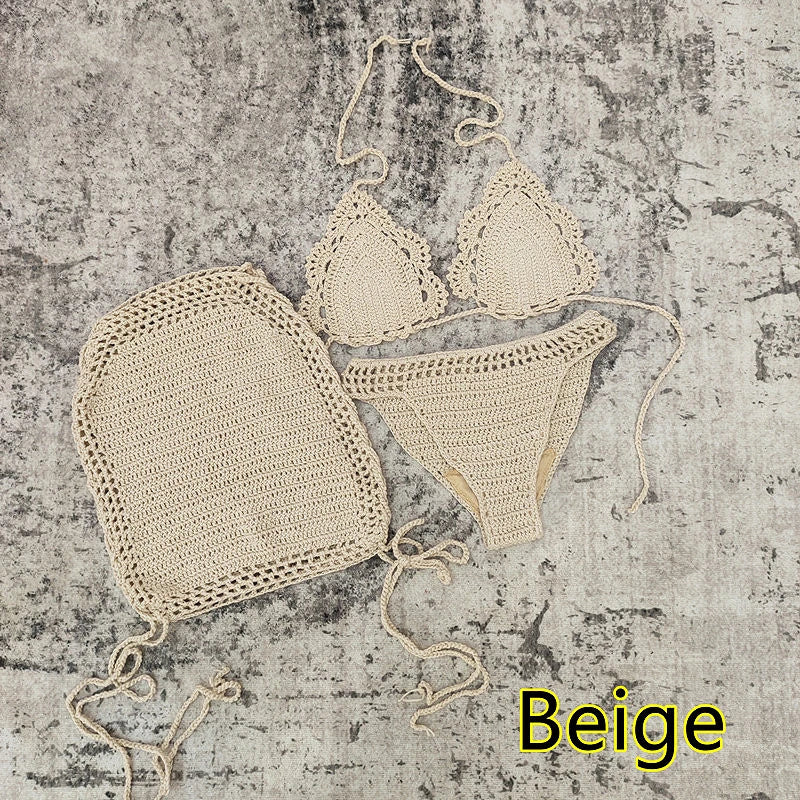 3 Piece Hand Crochet Beach Bikini Set Women Swimwear Cover UP Mini Skirt Swimsuit Suit