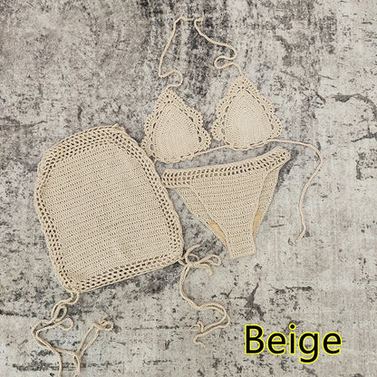3 Piece Hand Crochet Beach Bikini Set Women Swimwear Cover UP Mini Skirt Swimsuit Suit