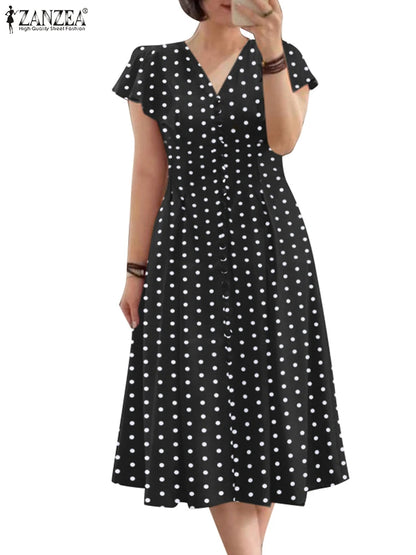 ZANZEA Elegant Women Midi Dresses 2024 Fashion Ruffle Sleeve Polka Dots A-line Vestidos Casual V Neck Commute Party Robes Femme