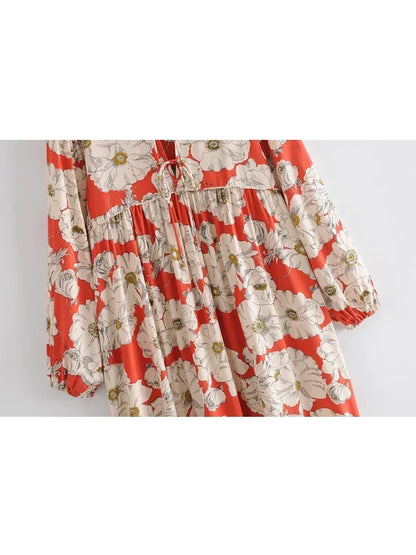 Ethnic Multi Floral Print Vintage Chic Women Long Sleeve Tie Neck Beach Bohemian Maxi Dresses Ladies Rayon Boho Dress Vestidos