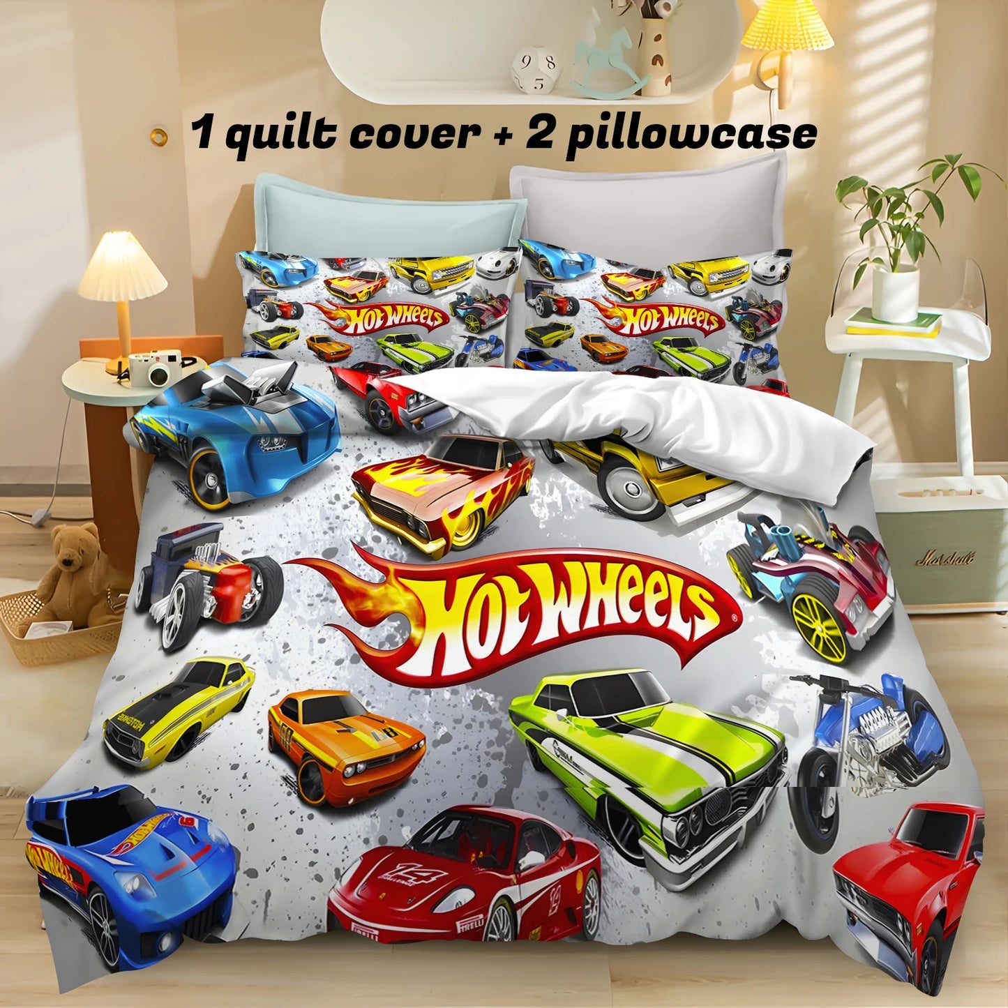 Cartoon Hot-wheel Duvet Cover Home Pillowcase Set Adult Bedroom Children Comforter Bedding