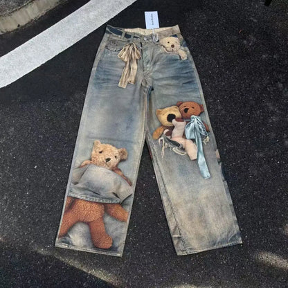 Retro Anime Jeans Y2K Clothing Mens Womens Hip Hop Anime Character Graphic Print Blue Baggy Jeans Casual Trousers
