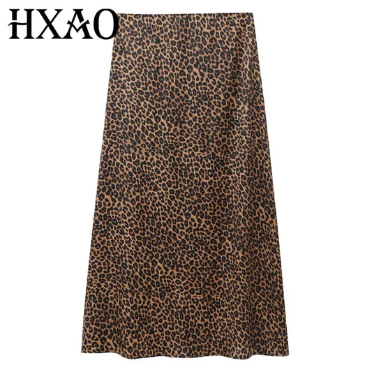HXAO Women's Skirts Vintage Animal Print Skirt Woman Autumn High Waist Long Skirts For Women Retro Elegant Female Leopard Skirt