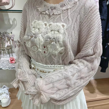Japanese Classic Cute Bear Knitted Sweater Women's Lolita Girls Long-sleeved Sweater Pullover Autumn and Winter New Liz Sweaters