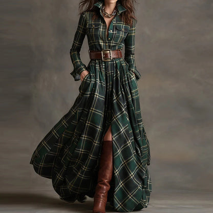 New Women's Lapel Plaid Printing Slim Fit Dress Autumn Long Sleeve Fashion Chic Party Dress with Buttons Elegant Ladies Dresses
