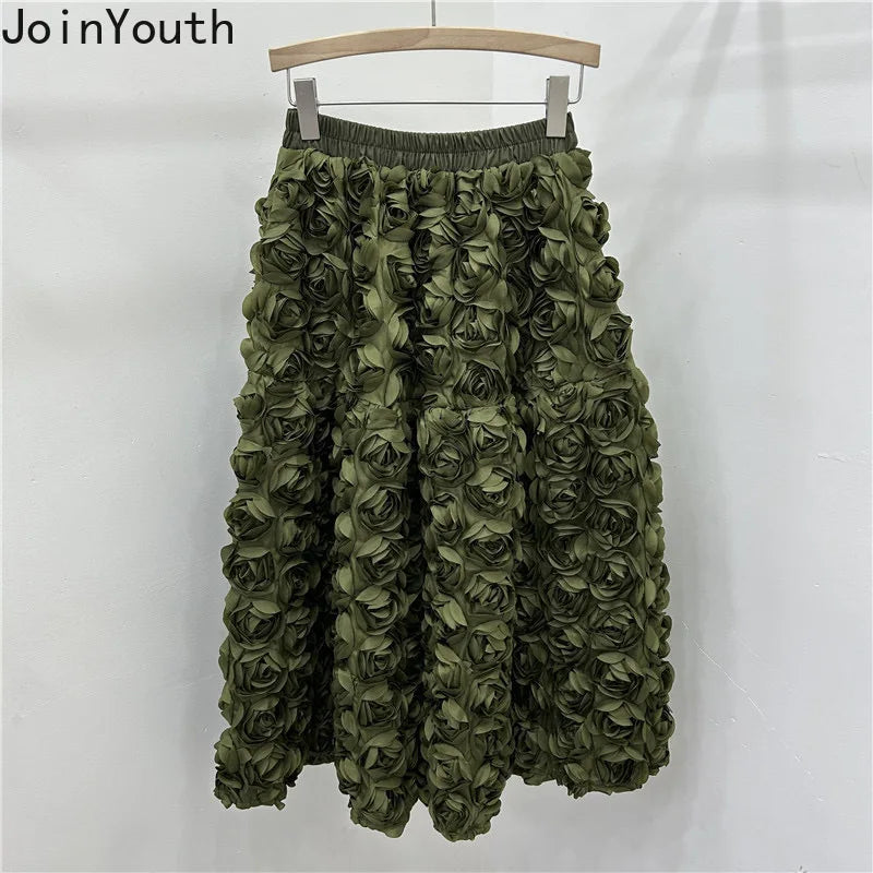Chic 3D Floral Skirt for Women Temperament Jupe 2025 Faldas Mujer De Moda High Waist Loose Saia A-line Sweet Solid Color Skirts