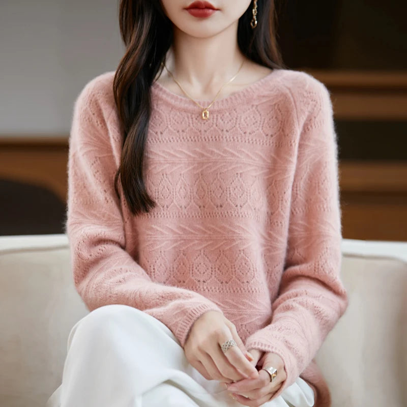 New Arrival Women's Hollow Out 100% Wool Knitted Sweater Round Neck Long Sleeve Slim Fit Breathable Pullover Versatile Daily Top