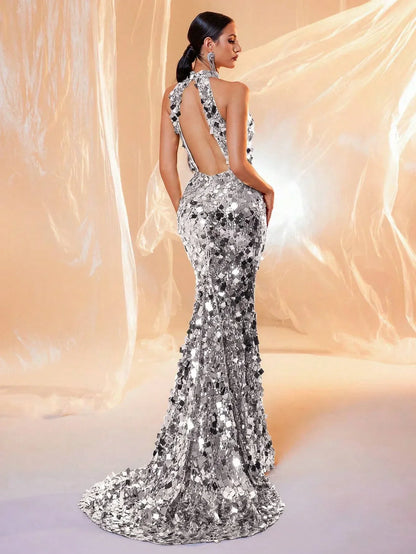 LOVE&LEMONADE Backless Sequins Halter Neck Evening Elegant Formal Prom Gown Wedding Guest Dinner Maxi Dress for Women LM86444