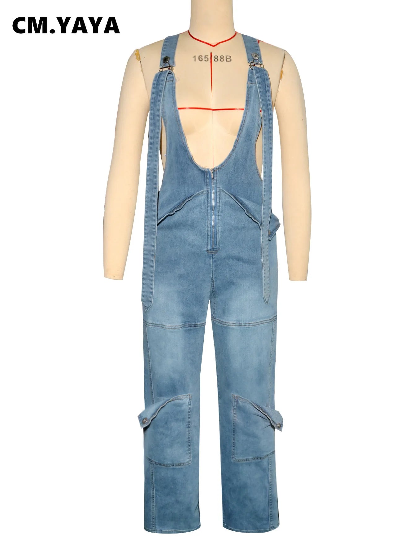CM.YAYA Women Safari Style Ripped Out Multi Pocke Wide Leg Overalls Denim Pants 2024 Summer Street Fashion Cargo Jeans Trousers