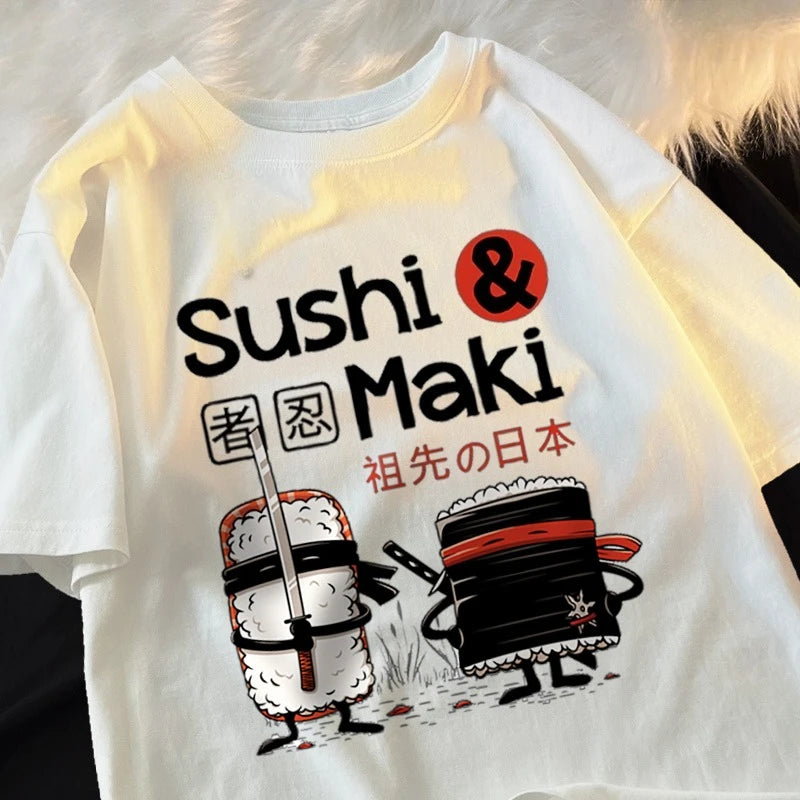 Theduc Sushi and Sushi Printing Men Women Tshirt Cotton T-Shirts Loose T Shirt Crewneck Loose Tops Fashion Clothes Unisex