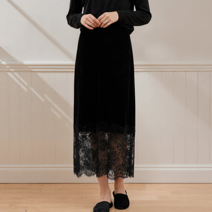 Elegant Black Velvet Midi Skirt Women Autumn Winter High Waist Lace Patchwork Sheer Hem A-Line Long Skirts Vintage Gothic Party