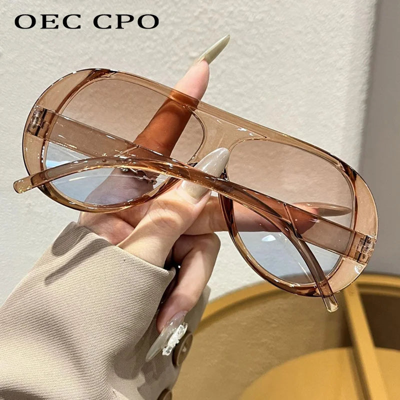 OEC CPO Fashion Double Bridges Pilot Sunglasses Women Large Frame Shades UV400 Retro Sun Glasses Female Orange Yellow Eyewear